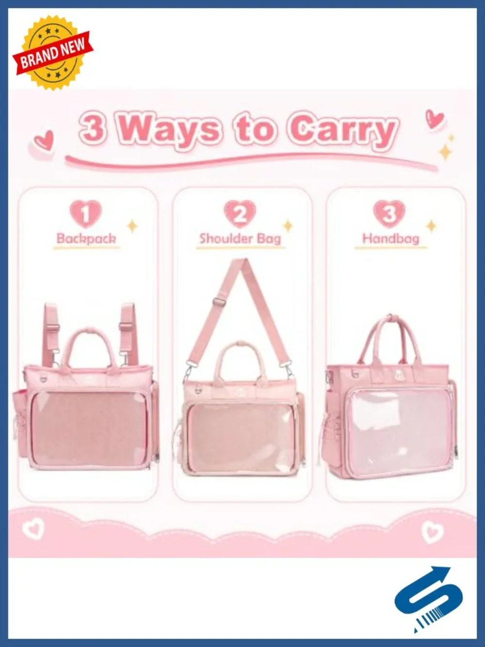 Ita Backpack with Large Transparent Window for Anime Pins, Crossbody or Tote,